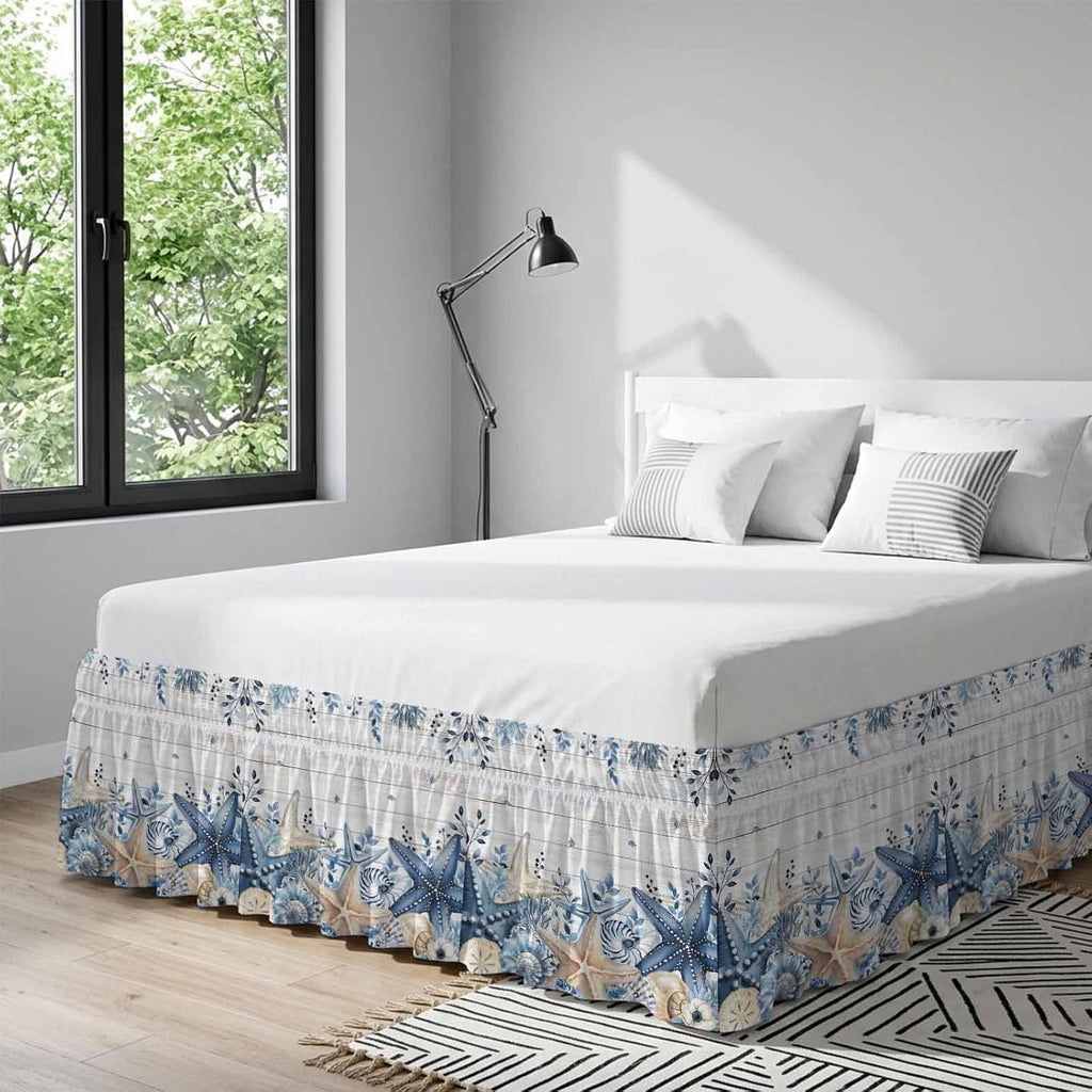 Coastal Bed Skirt California King Size 18" Drop Ocean Blue Beige Starfish Shells Leaves Grey Wooden Ruffled Wrap Around Bed Skirts Adjustable Elastic Bedskirt Dust Ruffle for Queen King Cal.King Bed