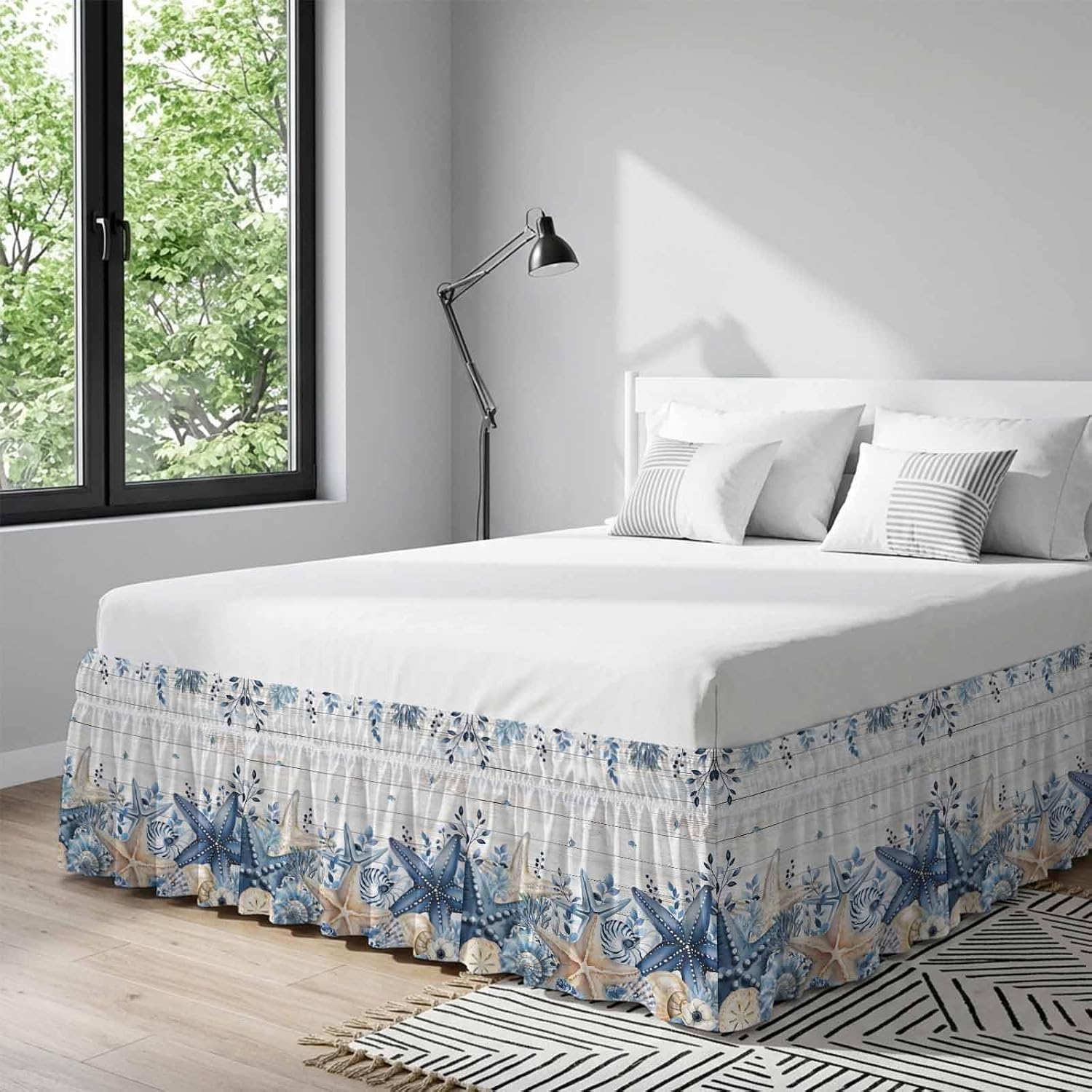 Coastal Bed Skirt California King Size 18" Drop Ocean Blue Beige Starfish Shells Leaves Grey Wooden Ruffled Wrap Around Bed Skirts Adjustable Elastic Bedskirt Dust Ruffle for Queen King Cal.King Bed