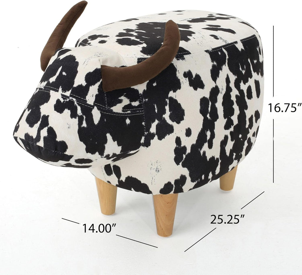 Christopher Knight Home Isana Cow-Shaped Ottoman, Cute Wood Foot Stool Shoes Changing Seat with Cushioned for Living Room, Bedroom, Playroom Porch Furniture, Black and White Velvet