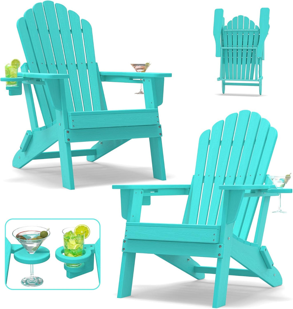 Folding Adirondack Chair with Dual Cup Holders Set of 2, Ergonomic High Back Fire Pit Chair,HDPE All-Weather Outdoor Patio Chair for Garden, Deck,Aruba Blue