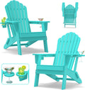 Folding Adirondack Chair with Dual Cup Holders Set of 2, Ergonomic High Back Fire Pit Chair,HDPE All-Weather Outdoor Patio Chair for Garden, Deck,Aruba Blue