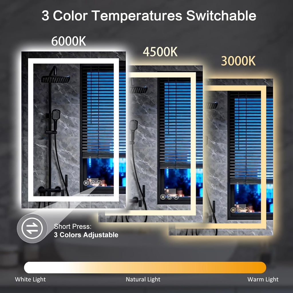24"x 32" LED Bathroom Mirror with Light, Front and Backlit Controlled, Anti-Fog, 3 Colors Led Mirror, Dimmable, LED Wall Vanity Mirror with Lights, Memory Function, Tempered Glass,ETL Listed
