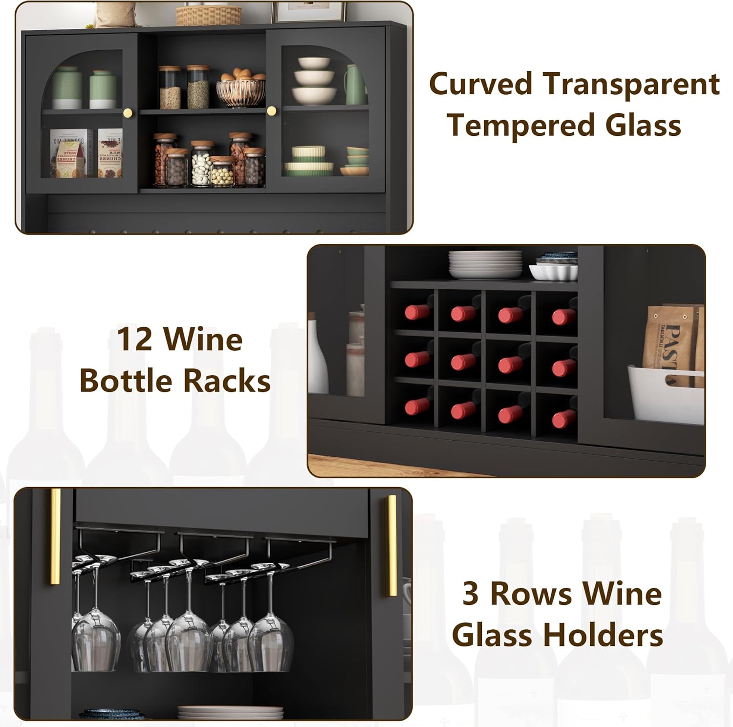 72" Tall Wine Bar Cabinet with LED Lights, Coffee Bar Cabinet with Storage Drawer & Hutch & Pegboard, Modern Liquor Cabinets with 9-grid Wine & Glass Racks,Pantry Cabinet for Kitchen,Living Room,Black