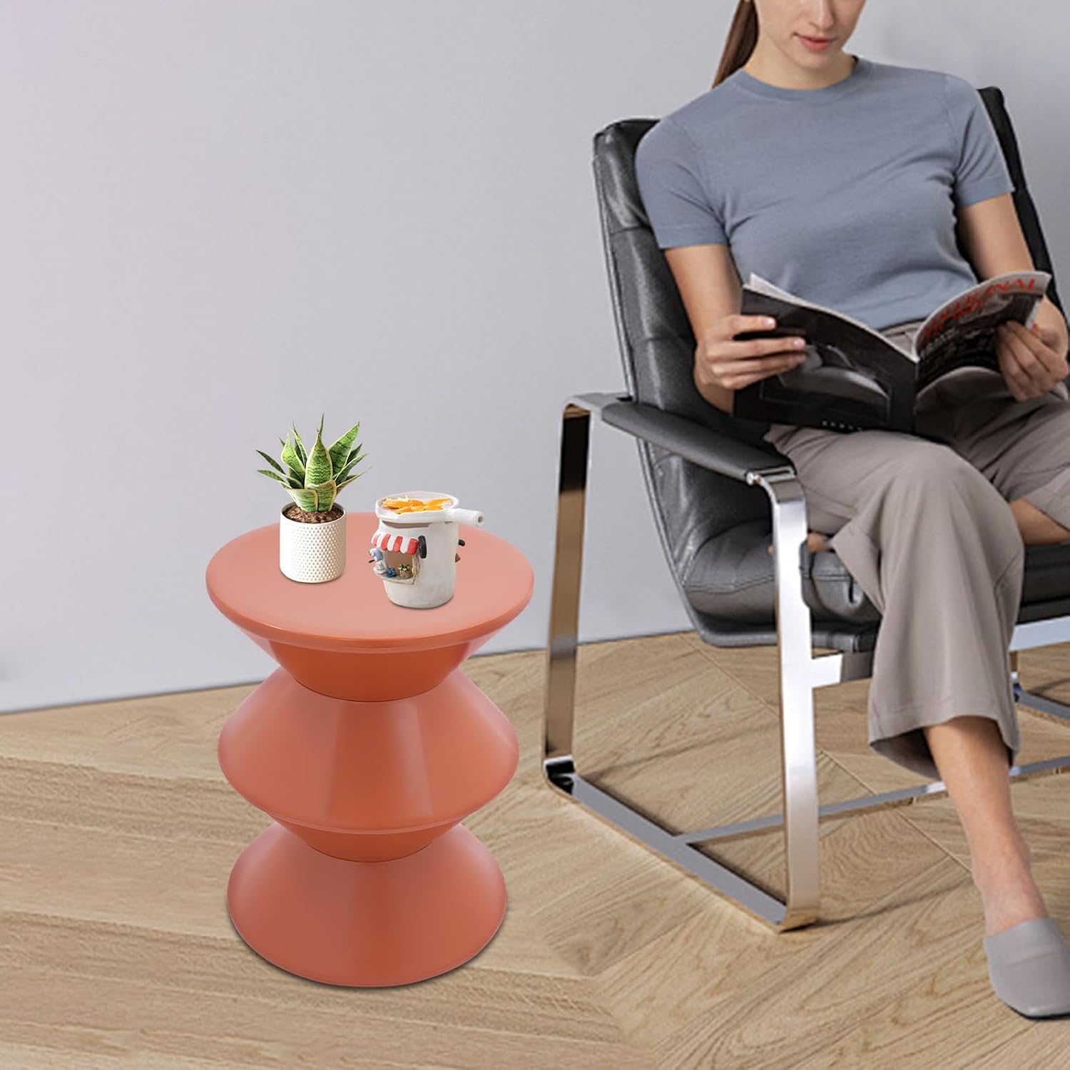 17.7 inch Modern Round Side Table Creative Round End Table, Pedestal Circle Accent Tables Geometric Coffee Table Hourglass Shaped Sofa Stool for Living Room Bedroom Office Apartment Yards, Orange