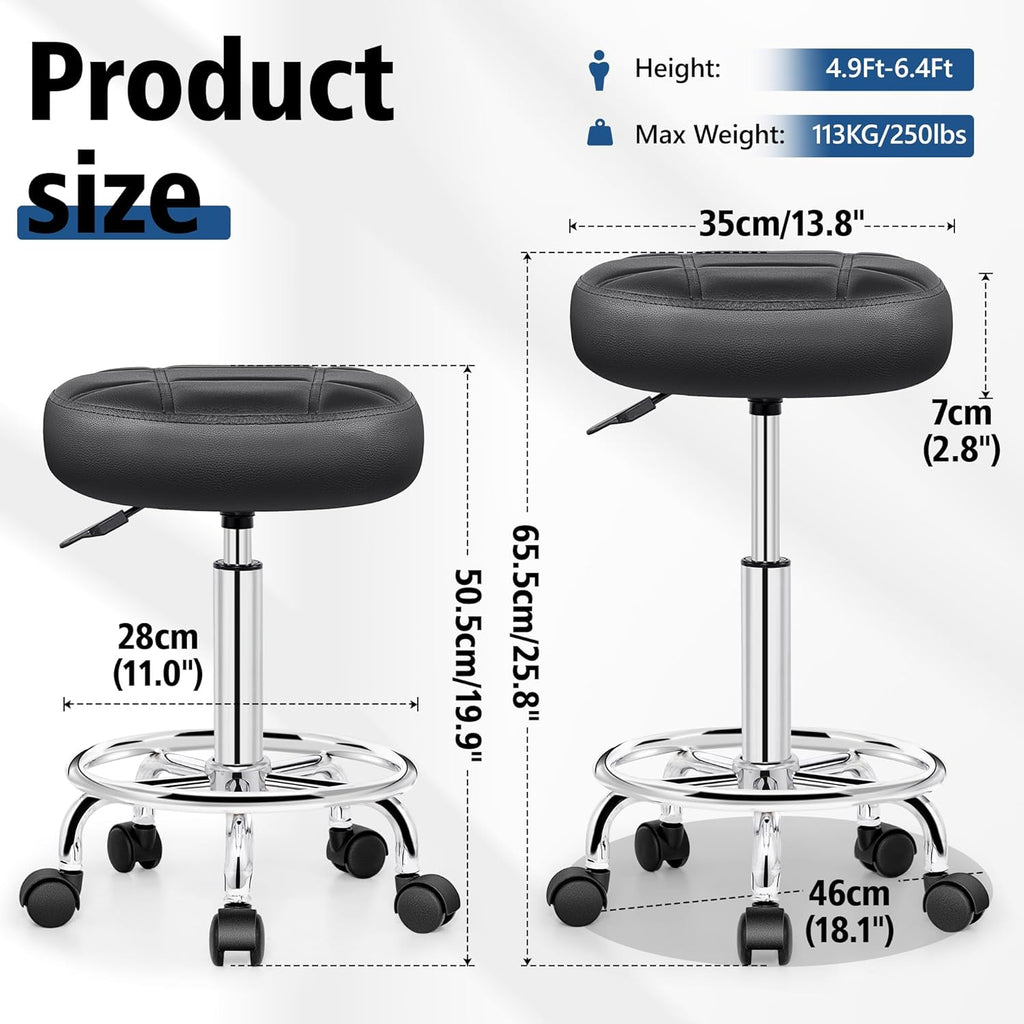 Brick Attic Rolling Stool with Wheels, PU Leather Small Office Chair with Foot Rest,Versatile Adjustable Swivel Stool for Tattoo Massage Salon Spa Teach Medical Facial Office Home Work Kitchen
