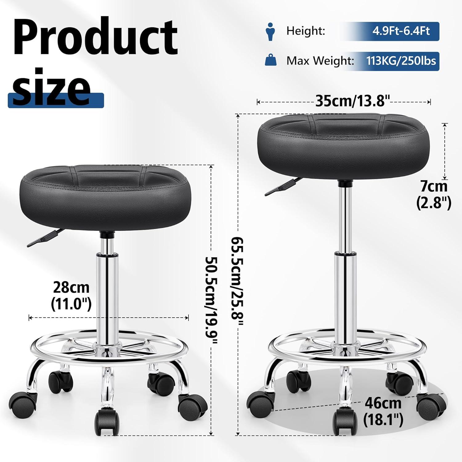 Brick Attic Rolling Stool with Wheels, PU Leather Small Office Chair with Foot Rest,Versatile Adjustable Swivel Stool for Tattoo Massage Salon Spa Teach Medical Facial Office Home Work Kitchen