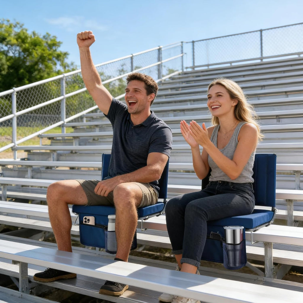 NEWBULIG Stadium Seats with 15.6" Back Support, Wide Bleacher Chairs with 3.15" Thick Padded, Portable Folding Lightweight Bleacher Seat with Hooks for Sports Events, Concerts, Camping, Dark Blue
