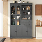 Tall Kitchen Pantry Cabinet with 4 Drawers, Door Shelves and Pull-Out Trays, Freestanding Buffet with Hutch for Dining Room, Living Room, Home Office (Gray-T)