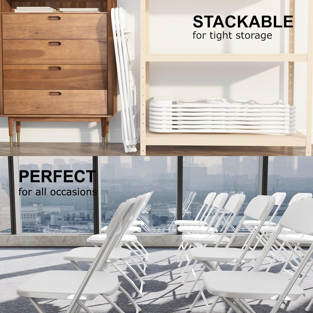 10 Pack White Folding Chairs, Portable Party Chairs, Plastic Folding Chair,Stackable Commercial Seats with Steel Frame for Office Wedding Party Patio Dinning Events, 350lbs Capacity