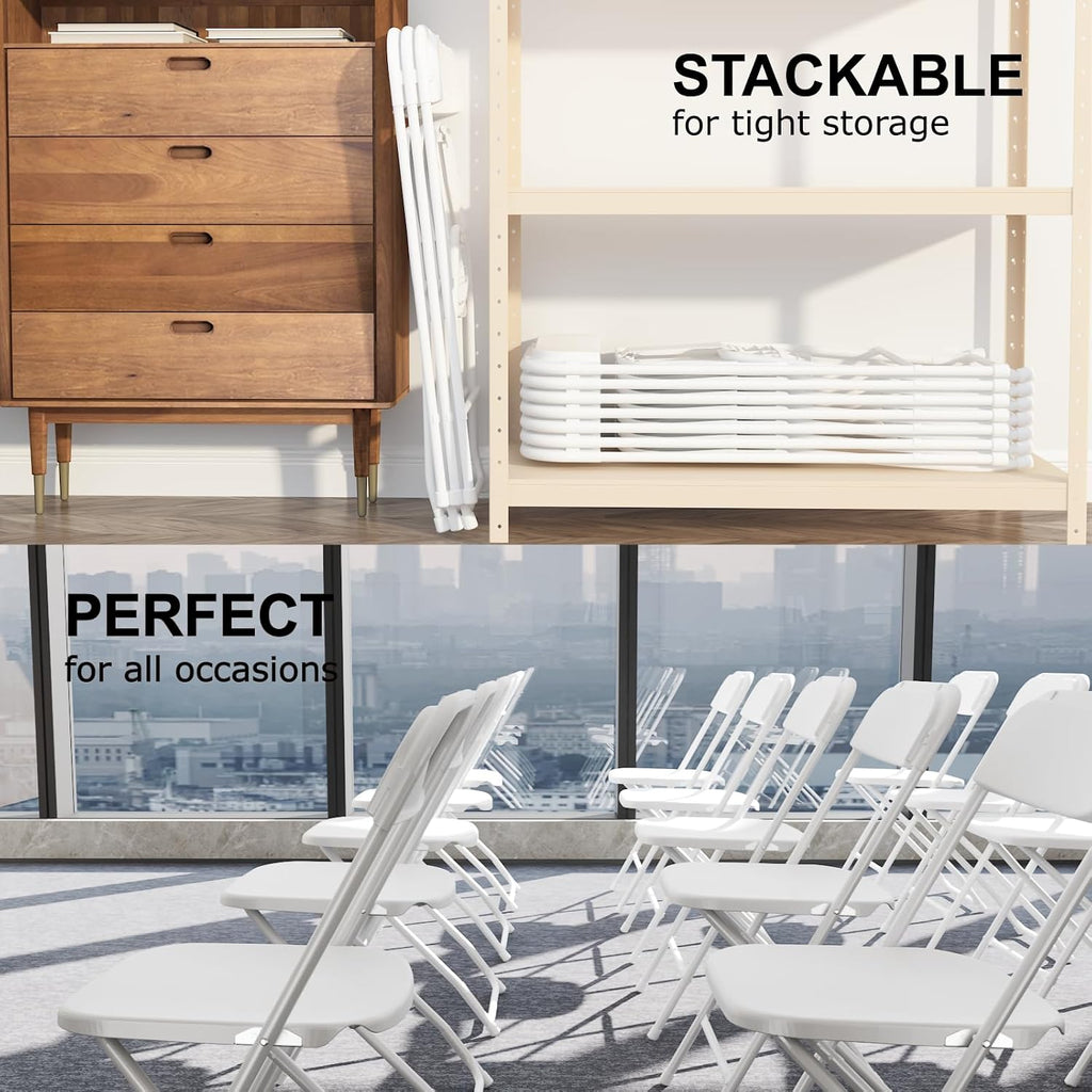 6 Pack White Folding Chairs, Portable Party Chairs, Plastic Folding Chair, Stackable Commercial Seats with Steel Frame for Office Wedding Party Patio Dinning Events, 350lbs Capacity