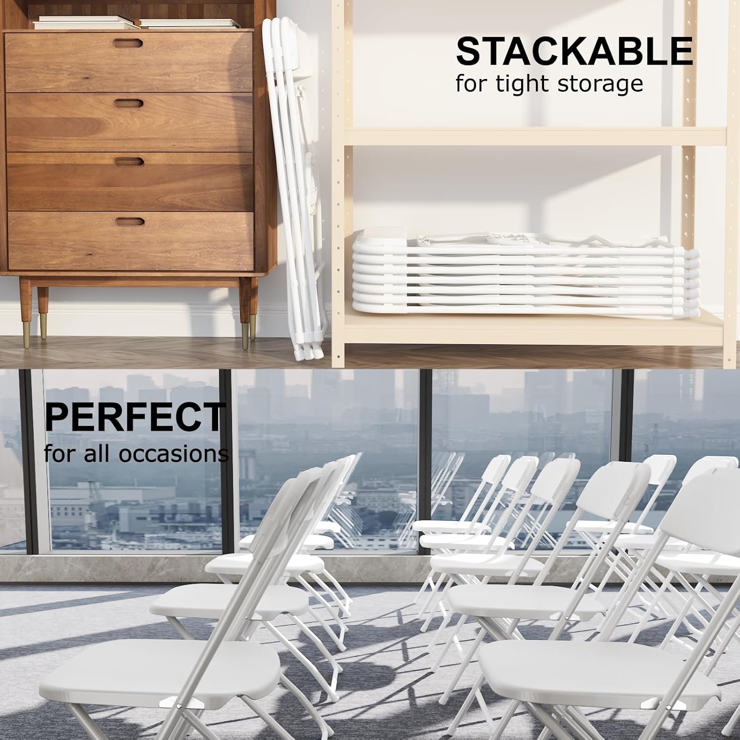 6 Pack White Folding Chairs, Portable Party Chairs, Plastic Folding Chair, Stackable Commercial Seats with Steel Frame for Office Wedding Party Patio Dinning Events, 350lbs Capacity