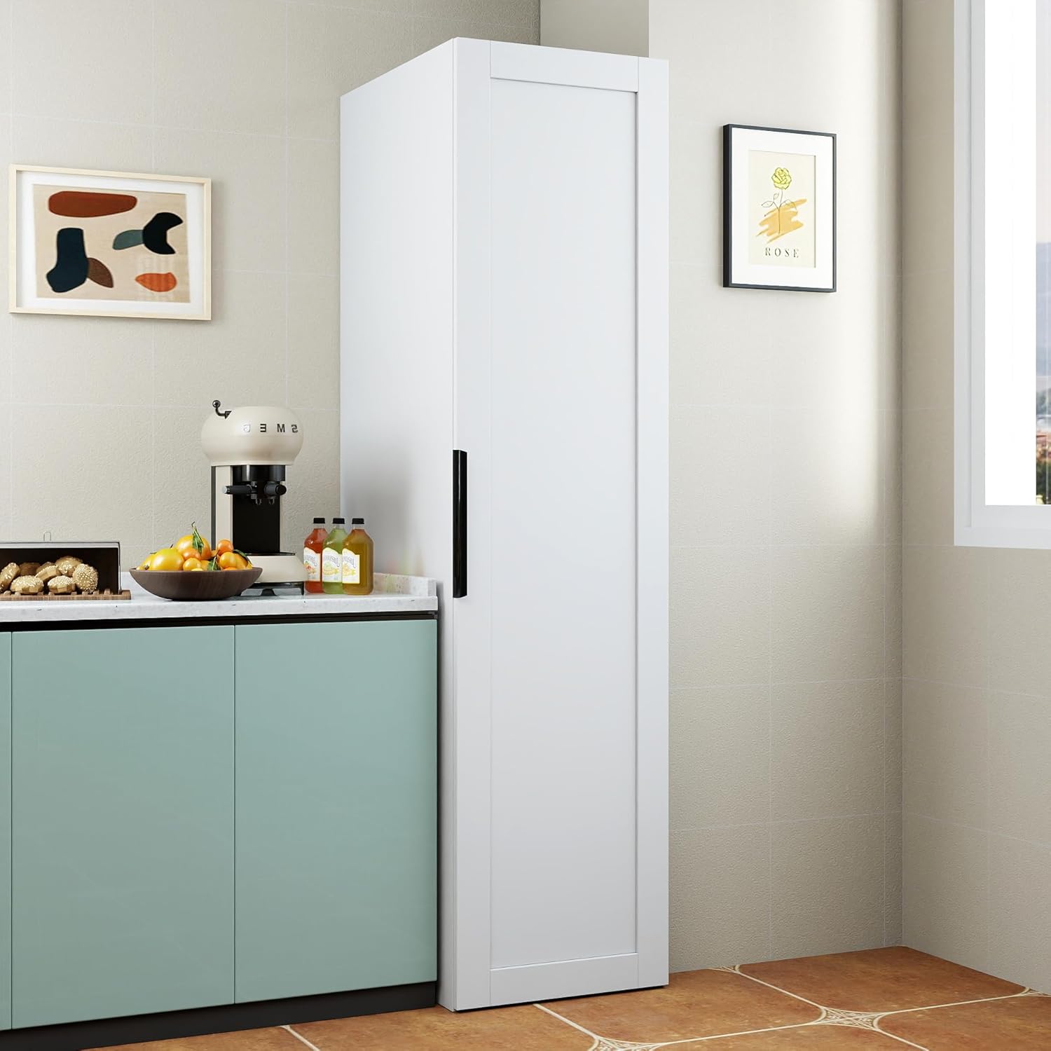 62.99''H Tall Kitchen Pantry Cabinet, Freestanding Corner Buffet Sideboard with Door Shelves and Adjustable Shelves, Narrow Storage Pantry for Kitchen Living Room Dinning Room, White