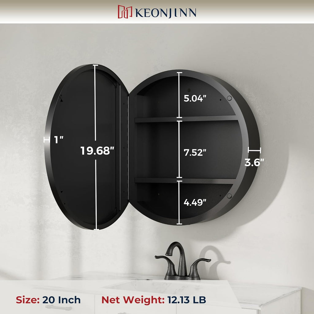 Keonjinn 20 Inch Round Medicine Cabinet with Mirror, Black Medicine Cabinet with Mirrors, Circular Surface Mount Medicine Cabinets, Framed Farmhouse Bathroom Cabinet with Adjustable Shelves