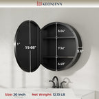 Keonjinn 20 Inch Round Medicine Cabinet with Mirror, Black Medicine Cabinet with Mirrors, Circular Surface Mount Medicine Cabinets, Framed Farmhouse Bathroom Cabinet with Adjustable Shelves