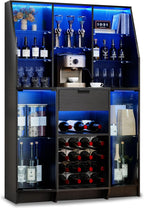59.05" Wine Bar Cabinet W/ LED Lights & Tempered Glass Door, Home Bar Liquor Storage Cabinet With 16 Grid Wine Glass Rack & Adjustable Shelves,Coffee Cabinet with Drawer for Living Room, Dining Room