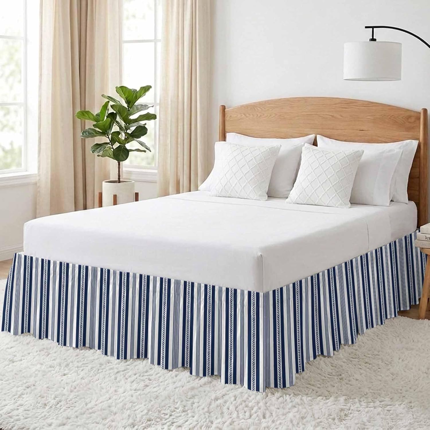 Navy Blue Striped Bed Skirt Cal King Size 16 Inch Drop, Adjustable Elastic Bedskirt Dust Ruffle for Cal King Bed, Summer Botanical Farmhouse Stripes Wrap Around Bed Skirts Pleated Bed Frame Cover