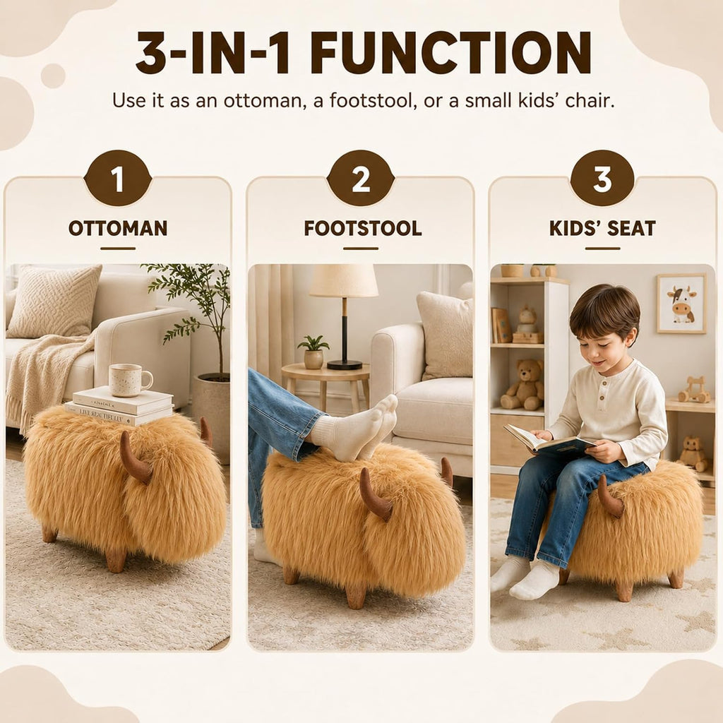 Cow Storage Ottoman, Shorthorn Dairy Cow Footstool with Storage, Animal Shaped Stool with Wooden Legs, Faux Suede Foot Rest for Living Room, Kids Bedroom Nursery Seat (Brown1)