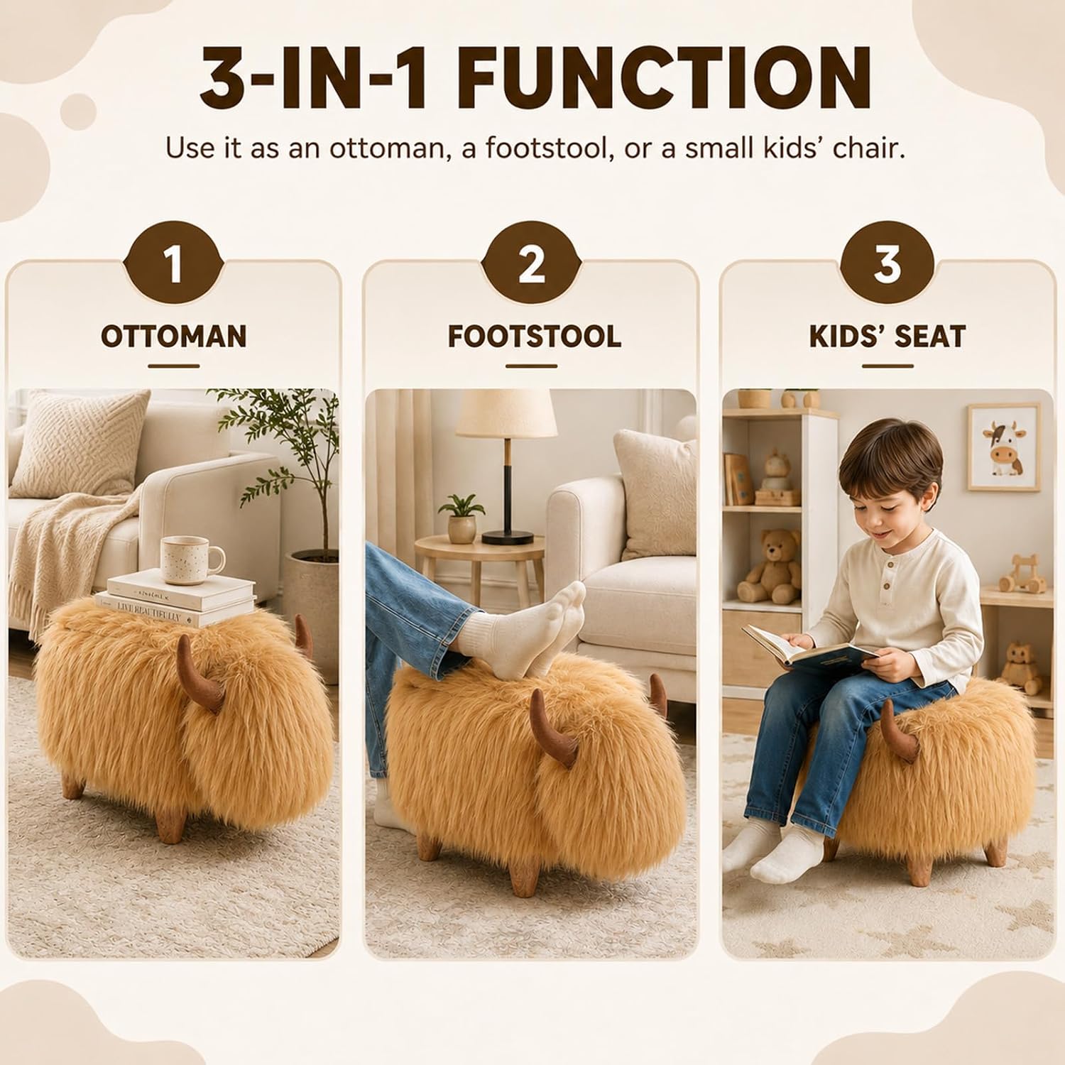 Cow Storage Ottoman, Shorthorn Dairy Cow Footstool with Storage, Animal Shaped Stool with Wooden Legs, Faux Suede Foot Rest for Living Room, Kids Bedroom Nursery Seat (Brown1)