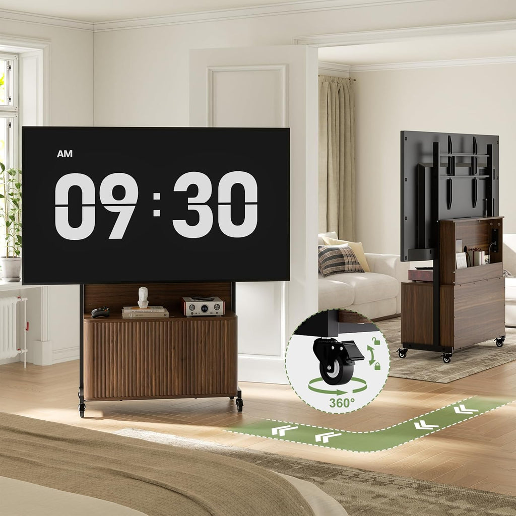 Planimetry Rolling TV Stand with Mount for 32-75 Inch TVs, Height Adjustable Mobile TV Stand with Lockable Wheels, Fluted Cabinet Entertainment Center with Power Outlet & Storage, Walnut