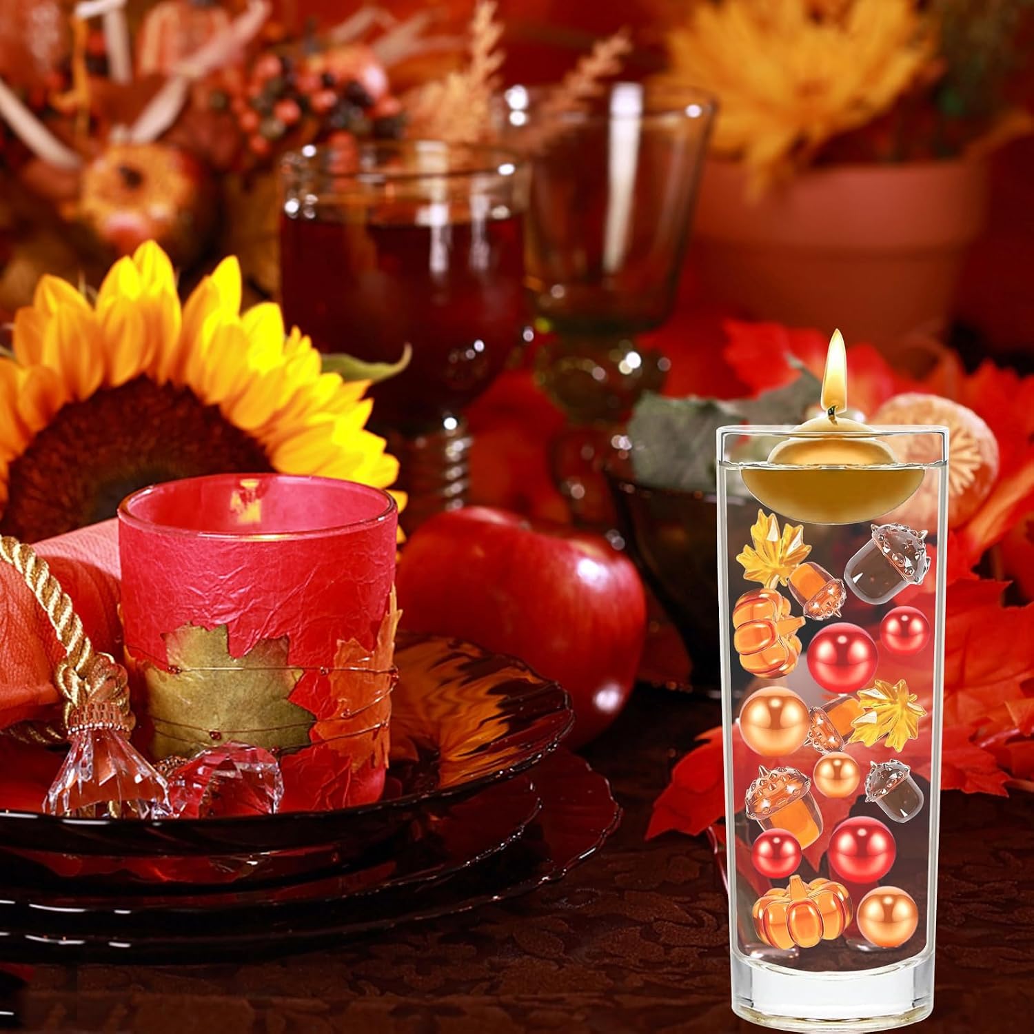132Pcs Fall Vase Filler Faux Bead Pumpkin Maple Leaves Acorns Thanksgiving Vase Fillers for Centerpieces Thanksgiving Fall Table Party Decoration