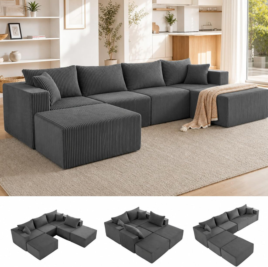 Weture 121''Modular Sectional Sofa with 2 Ottoman, Boneless couches for Living Room Furniture, Comfort U Shaped Sofa, Deep Seat Corner Couch, No Assembly Required（Gray, Corduroy）