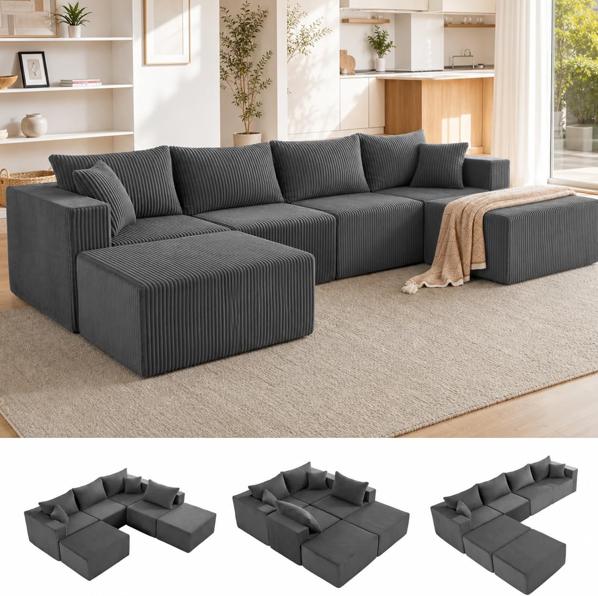 Weture 121''Modular Sectional Sofa with 2 Ottoman, Boneless couches for Living Room Furniture, Comfort U Shaped Sofa, Deep Seat Corner Couch, No Assembly Required（Gray, Corduroy）
