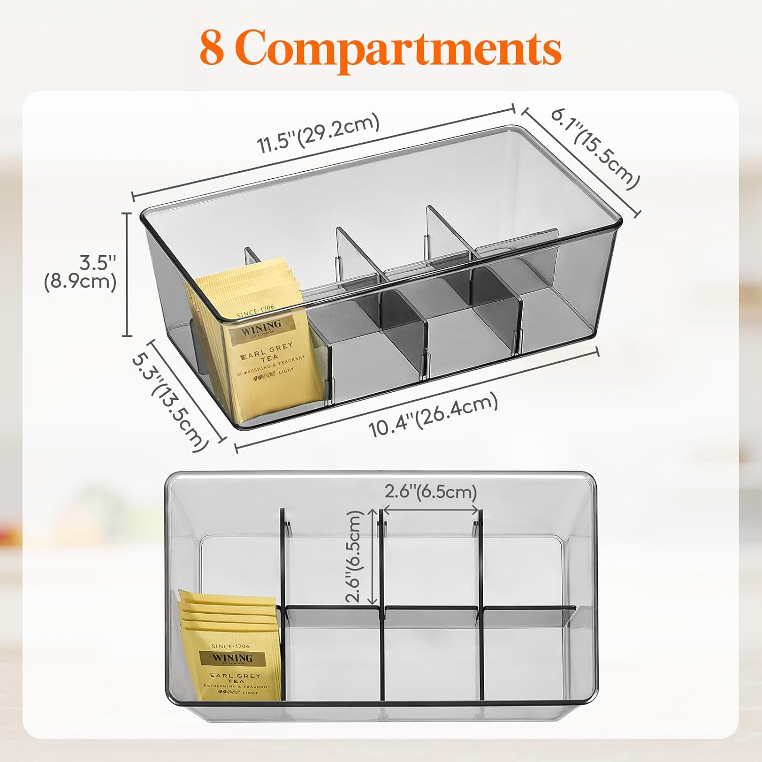 Lifewit Tea Bag Organizer with lids, Plastic Teabag Box with 16 Compartments, Stackable Divided Storage Containers for Cabinet, Pantry, Countertop, Sugar Packets, Black, 29 cm/11.5 inch L, 2 Pack