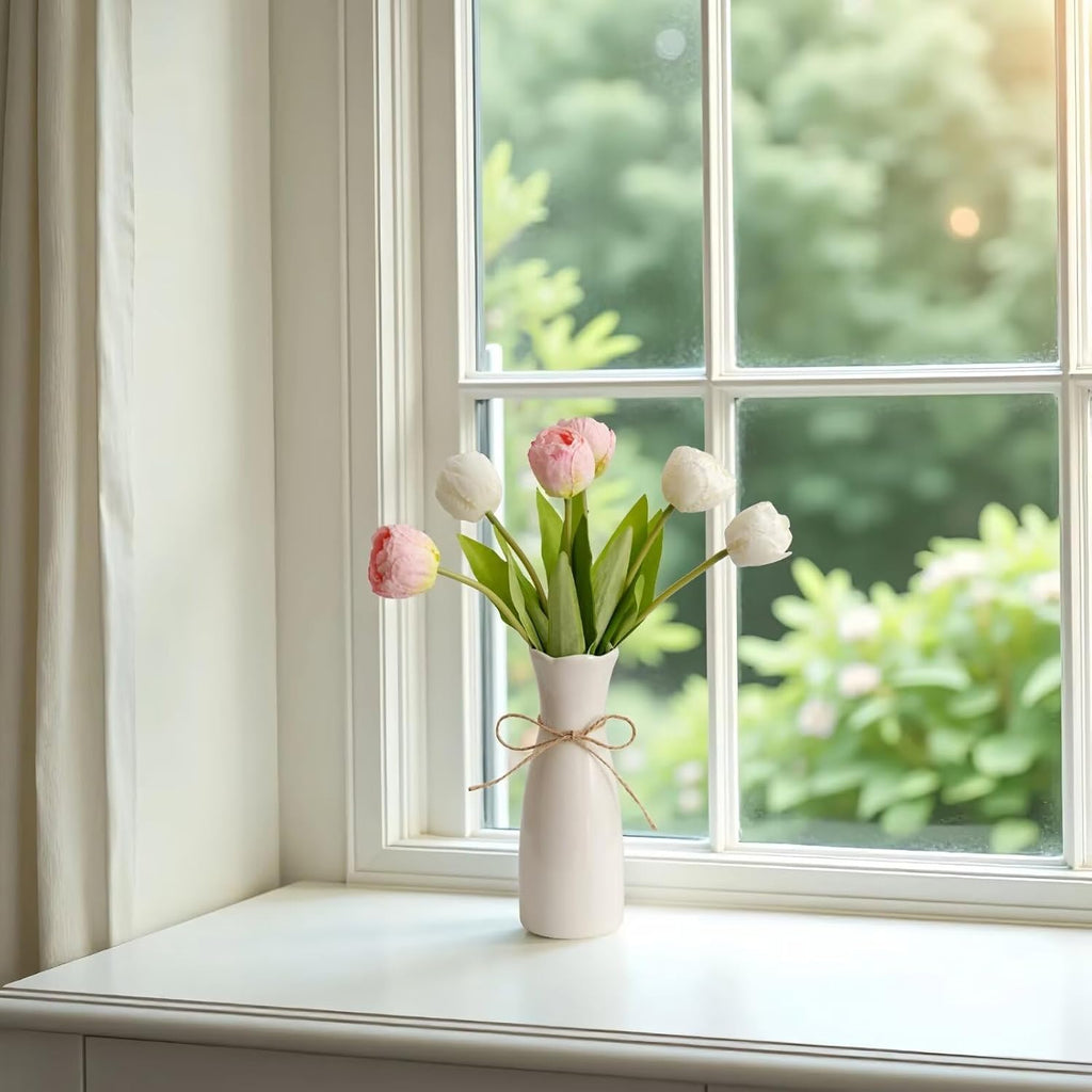 Small Vase White Ceramic Jute Rope Simple Vases for Home Decor Minimalist Modern Flower Vase Elegant Decorative Glossy Vase for Pampas Grass, Office, Living Room, Mantel and Bedroom Décor