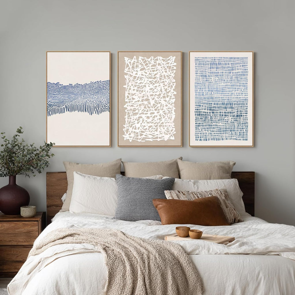 SAFERRYHOME Mid Century Neutral Blue Contrast Boho Wall Art - Modern Framed Canvas Prints Large Abstract Zen Lines Geometric Pattern Decor for Living Room, Home Office, Dining Room - 3 Pieces 24x36 Inch