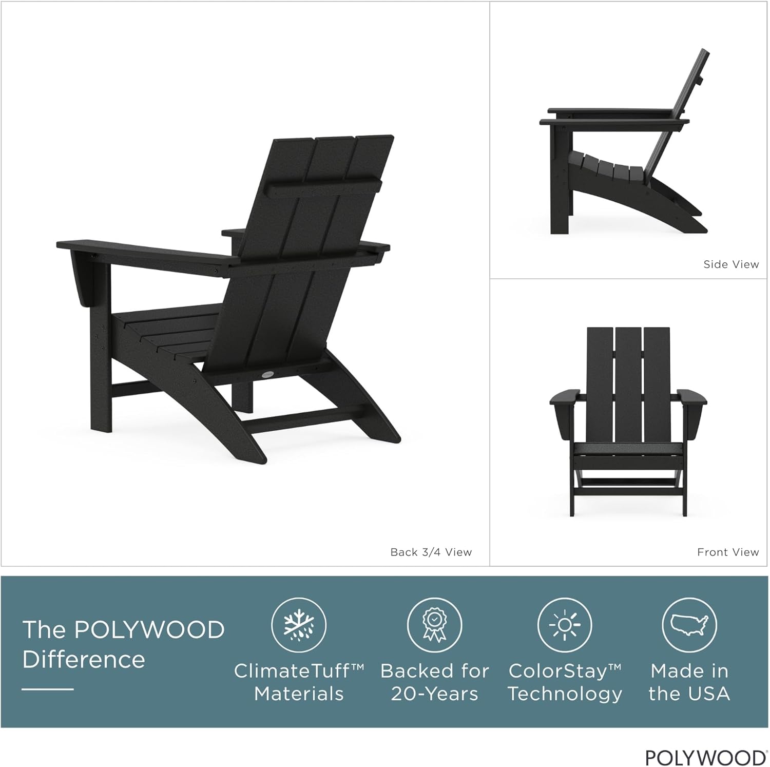 POLYWOOD Modern Adirondack Chair – All-Weather Outdoor Lawn Adirondack Chairs – HDPE, Fade-Resistant & Durable Outdoor Furniture – For Patio, Deck & Fire Pit Chairs – Black