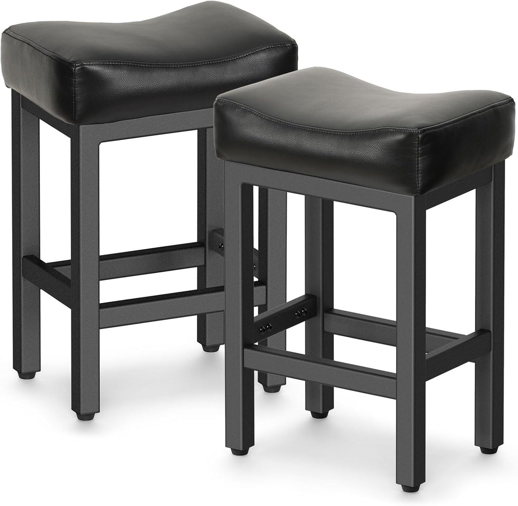 Raynesys 24 Inche Bonded Leather Counter Height Bar Stools Set of 2 Square | Barstools with Thick Bonded Leather Saddle Seats & Heavy Duty Metal Base for Kitchen Counter, Easy Assembly, All Black