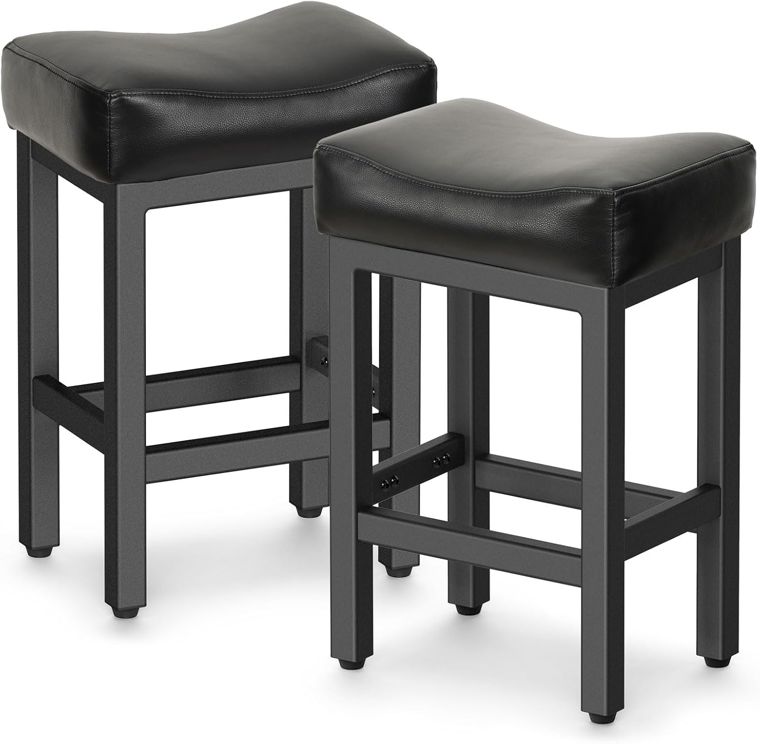 Raynesys 24 Inche Bonded Leather Counter Height Bar Stools Set of 2 Square | Barstools with Thick Bonded Leather Saddle Seats & Heavy Duty Metal Base for Kitchen Counter, Easy Assembly, All Black