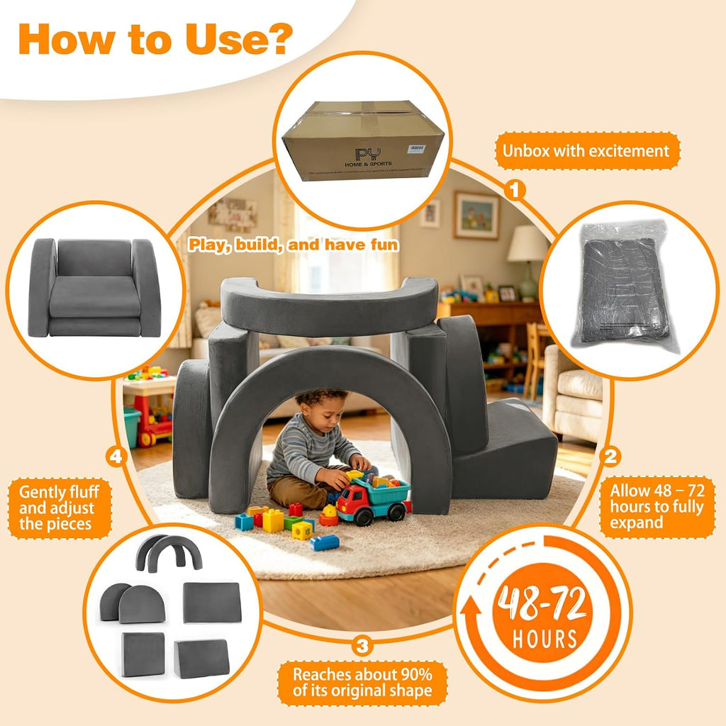 PY HOME & SPORTS Kids Modular Sofa Play Set, 7-Piece Creative Foam Couch for Children, Soft Coral Fleece, Multiple Configurations, Improves Hands-On Skills & Imagination, Compressed Packaging
