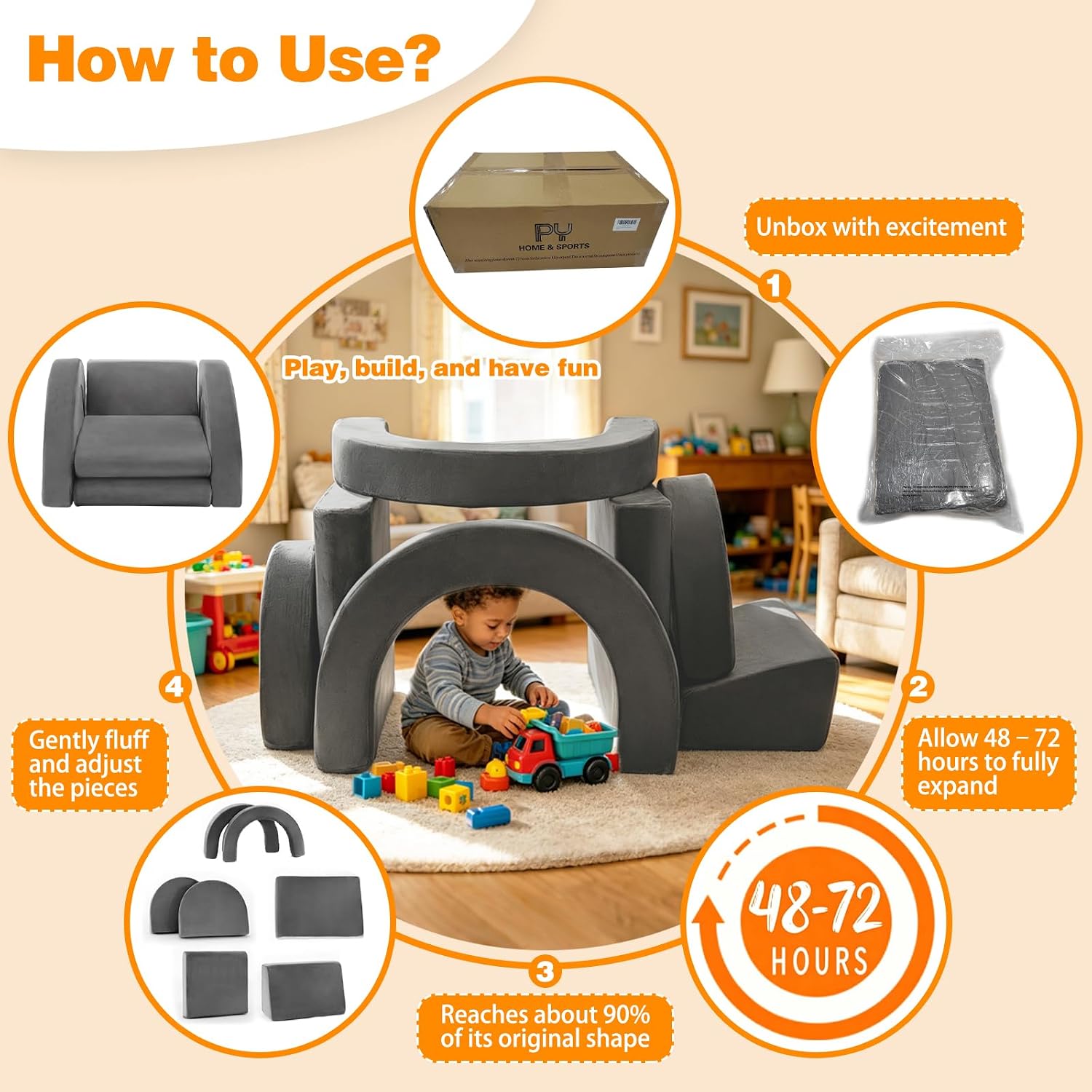 PY HOME & SPORTS Kids Modular Sofa Play Set, 7-Piece Creative Foam Couch for Children, Soft Coral Fleece, Multiple Configurations, Improves Hands-On Skills & Imagination, Compressed Packaging