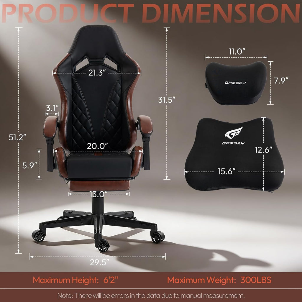 Ergonomic Gaming Chair for Adults with Footrest - PU Leather Computer Gamer Chair with Memory Foam Headrest & Lumbar Pillow, Reclining Silla Gamer Video Game Chair for Home Office, Black & Brown
