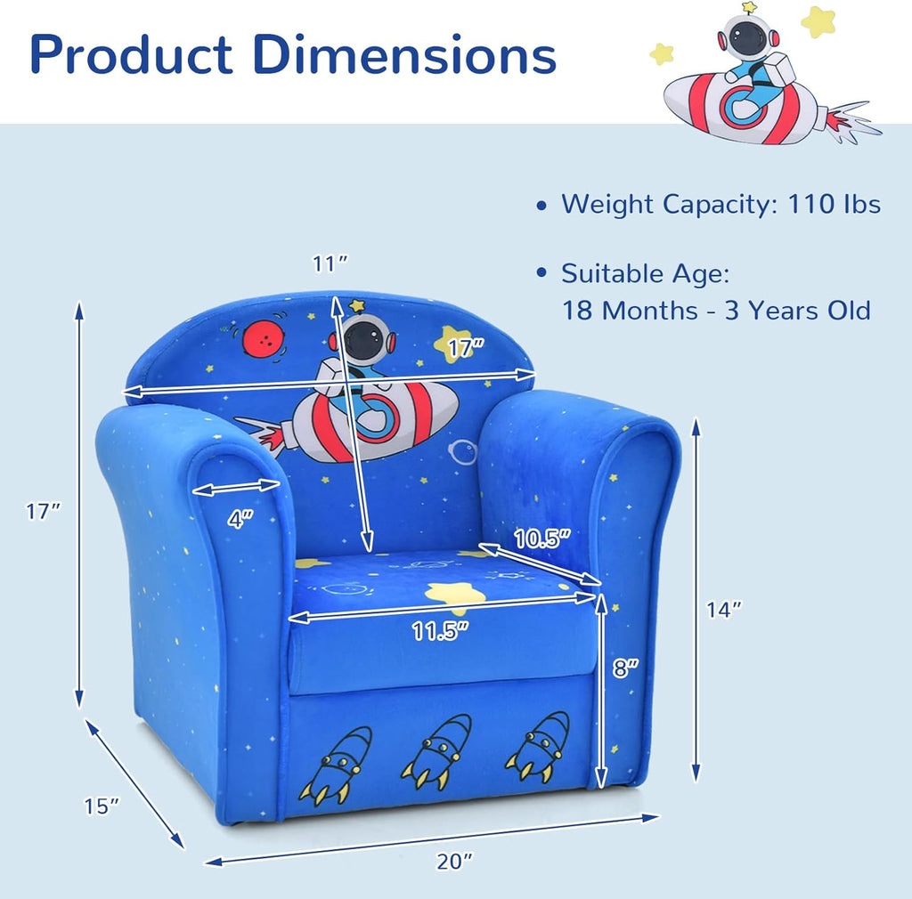 INFANS Kids Sofa, Toddler Armchair Chair with Sturdy Wood Construction Cartoon Pattern, Upholstered Children Armrest Couch for Nursery Kindergarten Playroom Preschool, Gift for Boys Girls