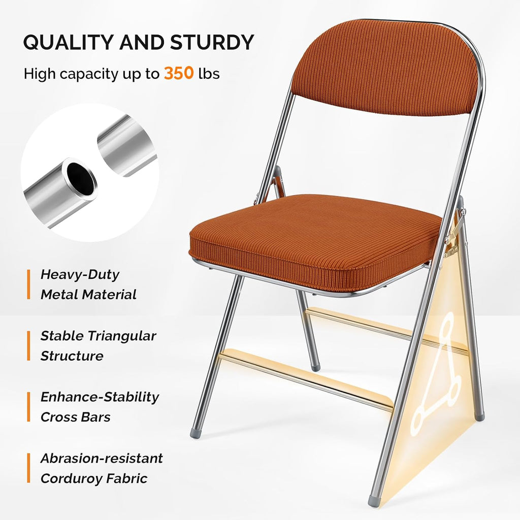 VINGLI Folding Chairs with Padded Seat & Backrest, Metal Frame, Durable Corduroy Fabric, 350 lbs Capacity, Set of 1, Orange – Ideal for Weddings, Parties, Office Events