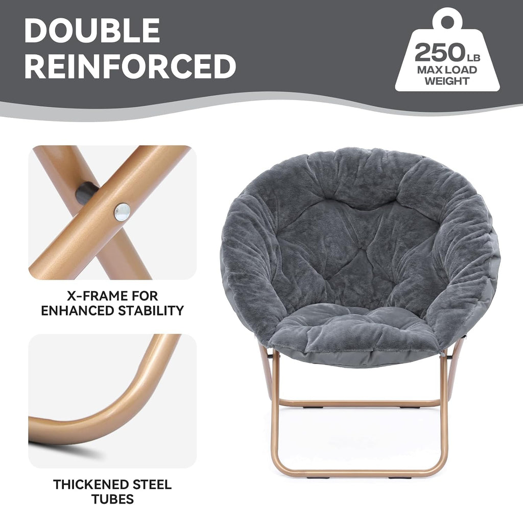 Magshion Saucer Chair for Adults, Comfy Living Room Lounge Chair for Bedroom Corner, Dorm, Apartment, Faux Fur Fluffy Circle Accent Seat with Thick Padded & Folding Metal Frame (Grey)