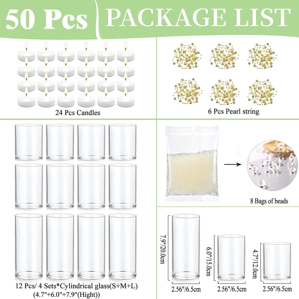 UDU 12 Set Glass Vases for Centerpieces with 24 White Floating Candles 80000 Vase Filler 6 Pearl String Party Event Home Wedding Centerpieces for Tables Decorations