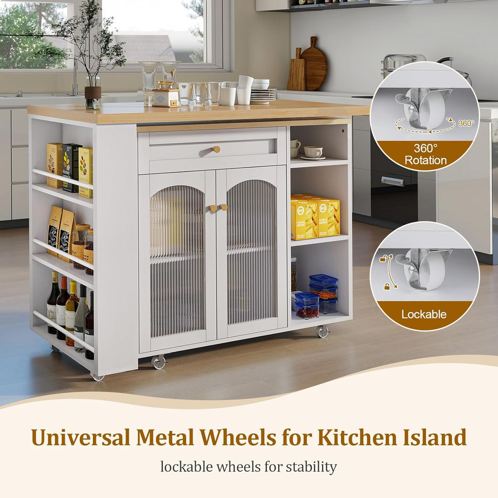 LYNCOHOME 71.1" Rolling Kitchen Island with 360° Rotating Tabletop, Mobile Lockable Wheels & Adjustable Shelves, Multifunctional Storage Cart for Kitchen & Dining（White）