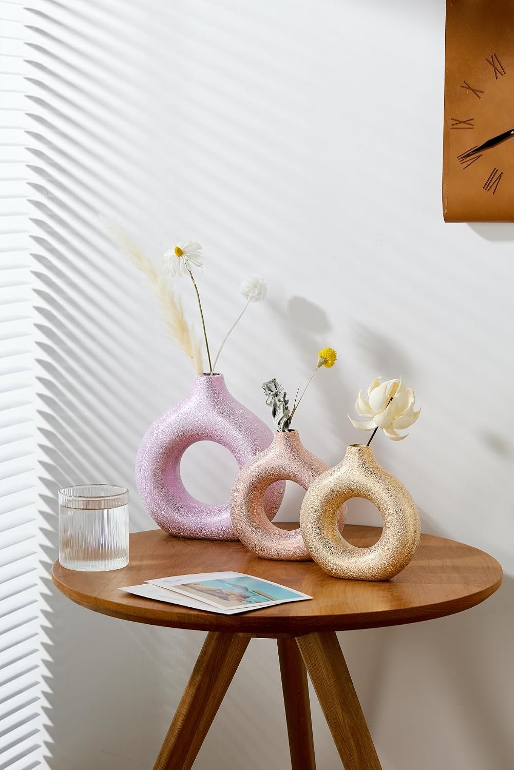 Modern Donut-Shaped Decorative Vases, Handmade Minimalist Boho ins Style, Modern Vase for Home Decor for Wedding Dinner Table Party Living Room Office Bedroom (Purple-Gold, Extra Large + Large)