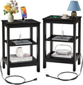 VECELO End Table with Charging Station and USB Ports, Small Wood Nightstand Modern, 24" Tall Living Room Side Table with 3-Tier Storage Shelves for Small Spaces,Office,Bedroom, Classic Black, Set of 2