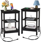 VECELO End Table with Charging Station and USB Ports, Small Wood Nightstand Modern, 24" Tall Living Room Side Table with 3-Tier Storage Shelves for Small Spaces,Office,Bedroom, Classic Black, Set of 2