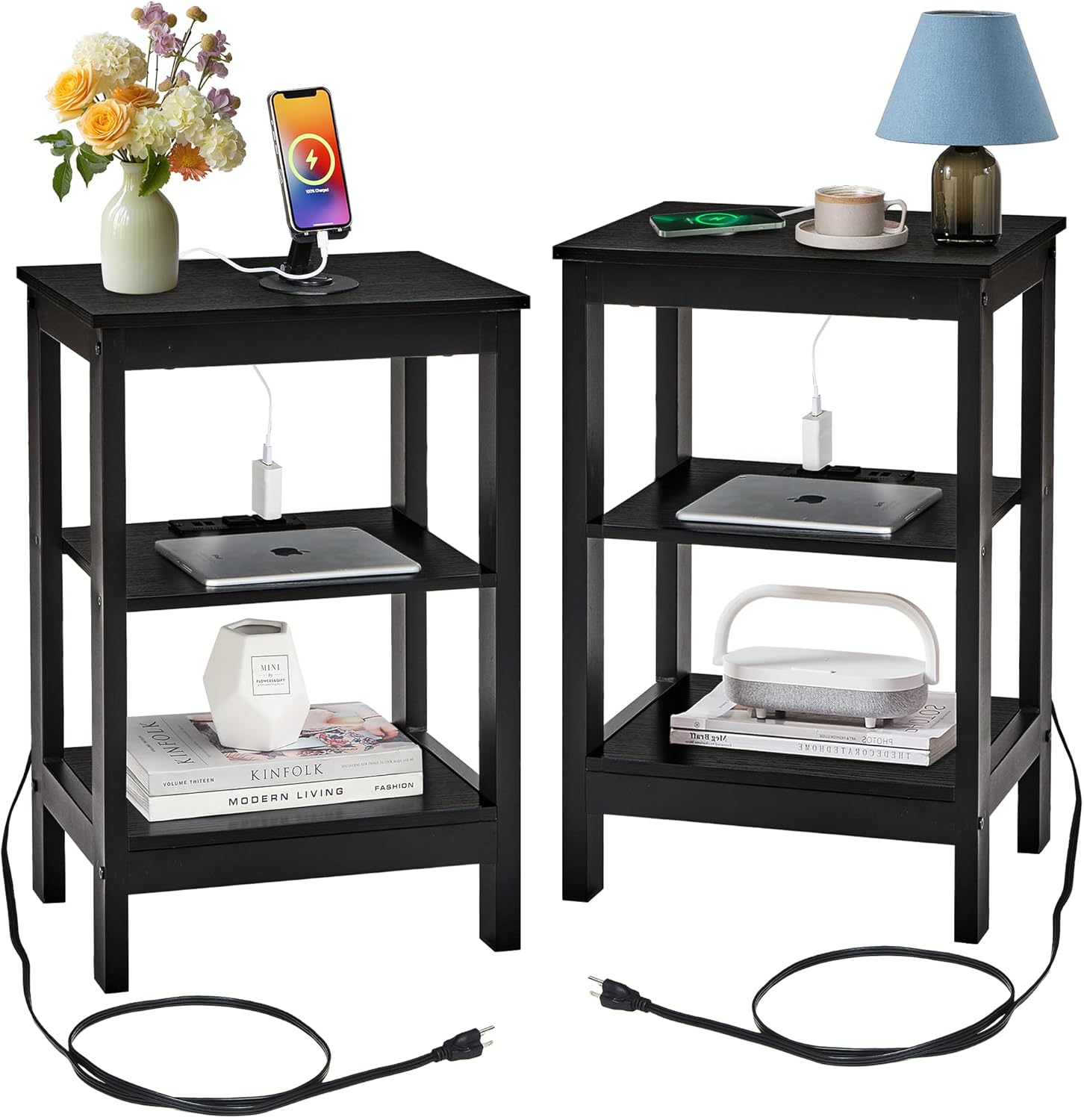 VECELO End Table with Charging Station and USB Ports, Small Wood Nightstand Modern, 24" Tall Living Room Side Table with 3-Tier Storage Shelves for Small Spaces,Office,Bedroom, Classic Black, Set of 2