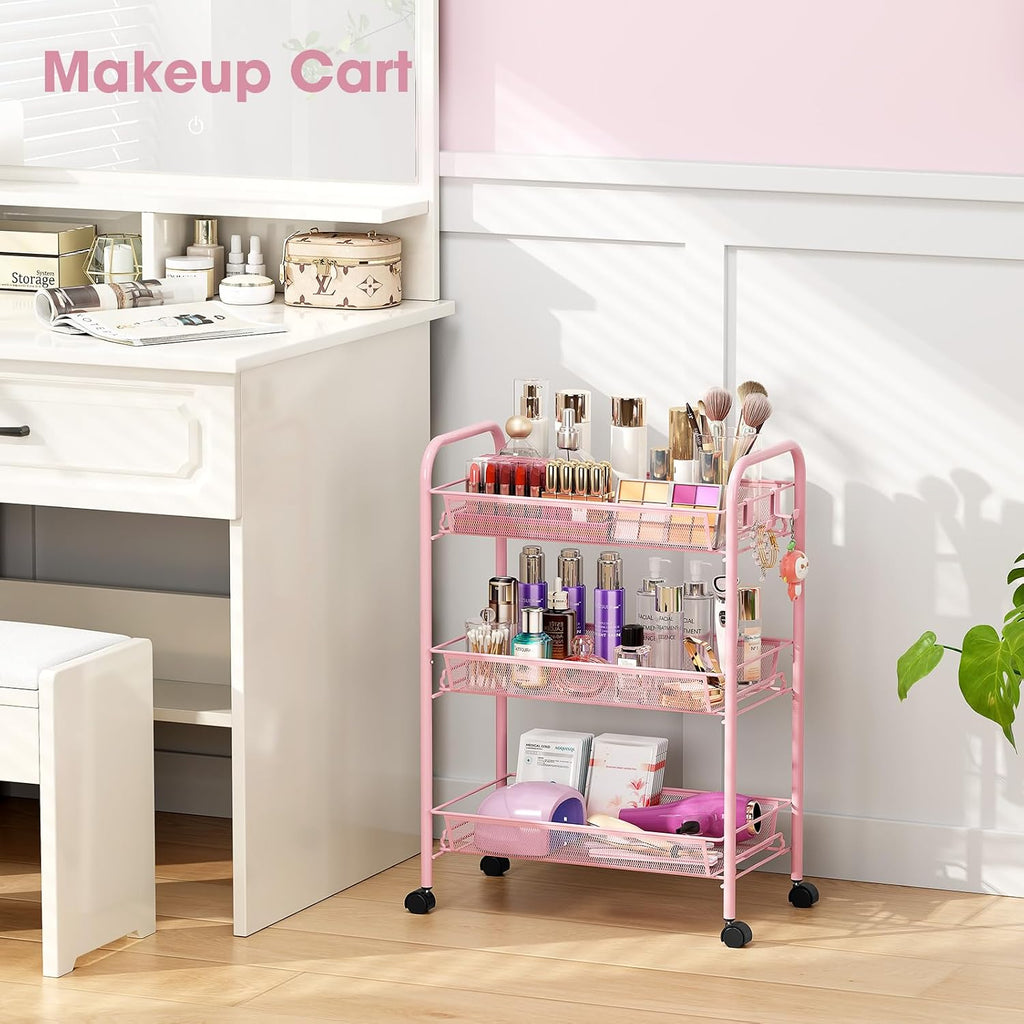 TOOLF 3 Tier Rolling Cart Pink - Metal Storage Organizer with Wheels, 33 lbs Shelf Capacity, Easy 5-Min Assembly, for Girls Room Bathroom Kitchen Office Nursery, Compact Design for Small Spaces, Pink