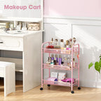 TOOLF 3 Tier Rolling Cart Pink - Metal Storage Organizer with Wheels, 33 lbs Shelf Capacity, Easy 5-Min Assembly, for Girls Room Bathroom Kitchen Office Nursery, Compact Design for Small Spaces, Pink