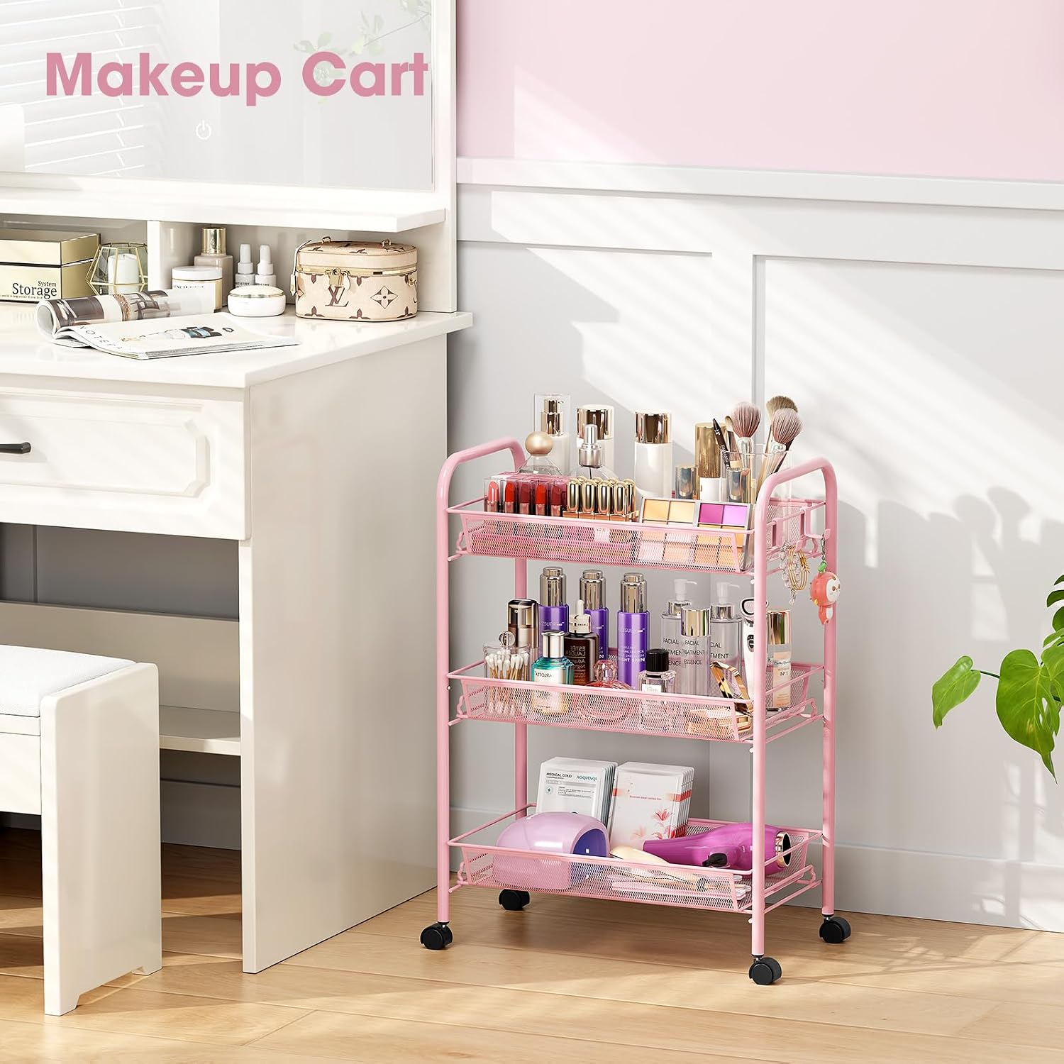 TOOLF 3 Tier Rolling Cart Pink - Metal Storage Organizer with Wheels, 33 lbs Shelf Capacity, Easy 5-Min Assembly, for Girls Room Bathroom Kitchen Office Nursery, Compact Design for Small Spaces, Pink
