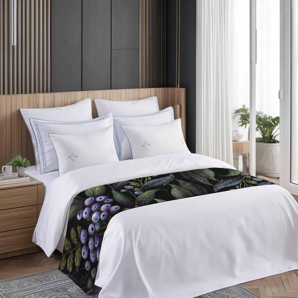 Purple Barrier Bed Runners for Queen Size Beds, Decorative Bed Throws for Foot of Beds, Luxury Bedding Protector Slipcover Vintage Abstract Art Botanical Leaves Bedrunners & Scarves for Hotel, 94"x20"