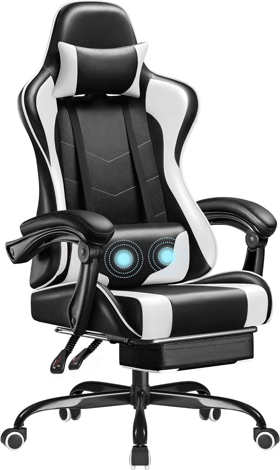 Patiowell Gaming Chair, Ergonomic Video Game Chair with Retractable Footrest and Massaging Lumbar Cushion, Reclining Computer Desk Chair with Adjustable Height, Swivel Seat, and Headrest (White)