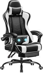 Patiowell Gaming Chair, Ergonomic Video Game Chair with Retractable Footrest and Massaging Lumbar Cushion, Reclining Computer Desk Chair with Adjustable Height, Swivel Seat, and Headrest (White)